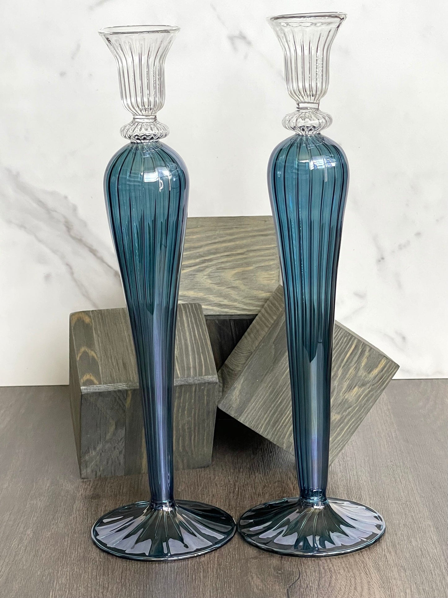 Handblown Elegant Swirl Glass Candle Holder - Set of 2 Clear/Iridescent Blue