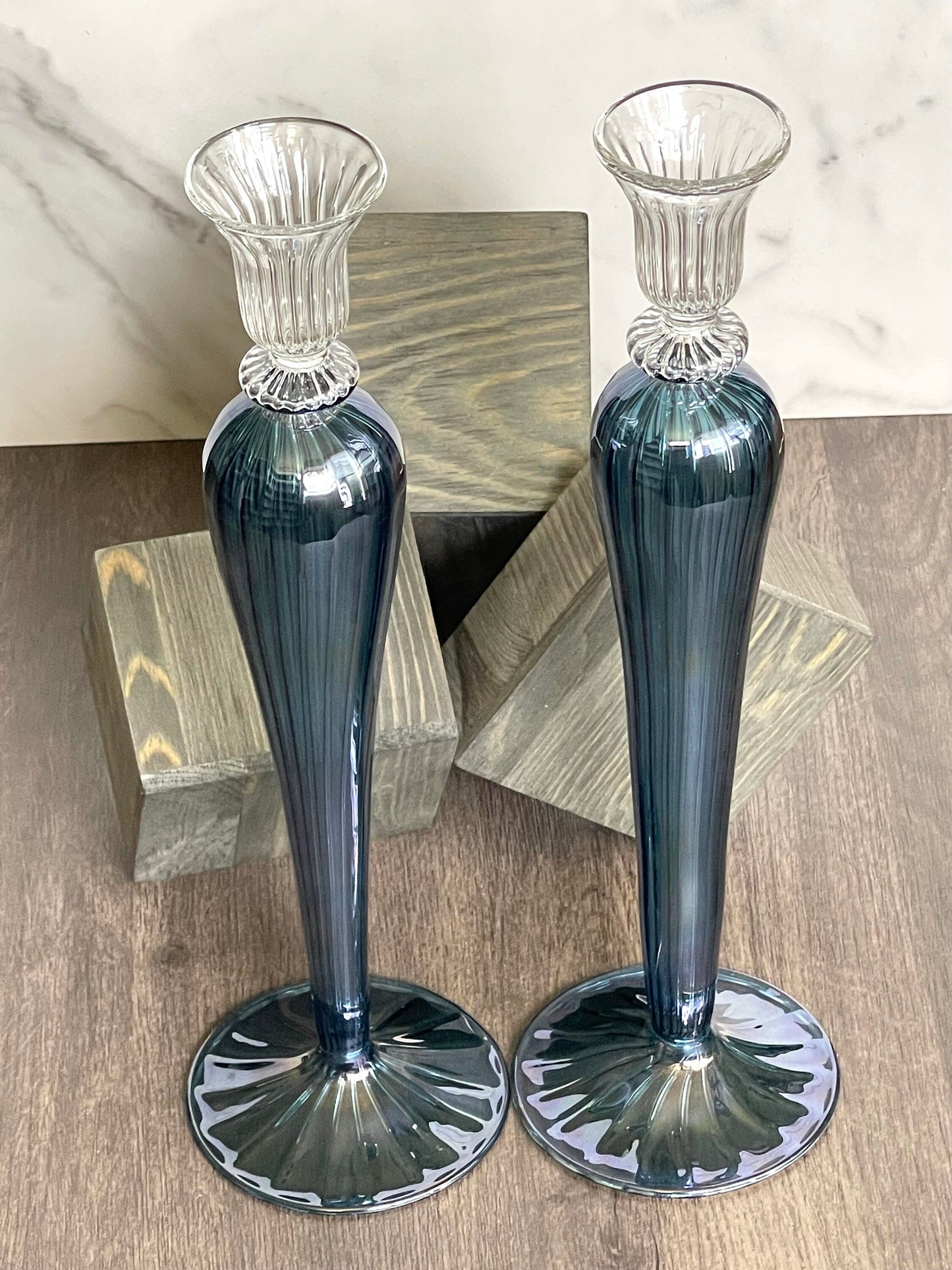 Handblown Elegant Swirl Glass Candle Holder - Set of 2 Clear/Iridescent Blue