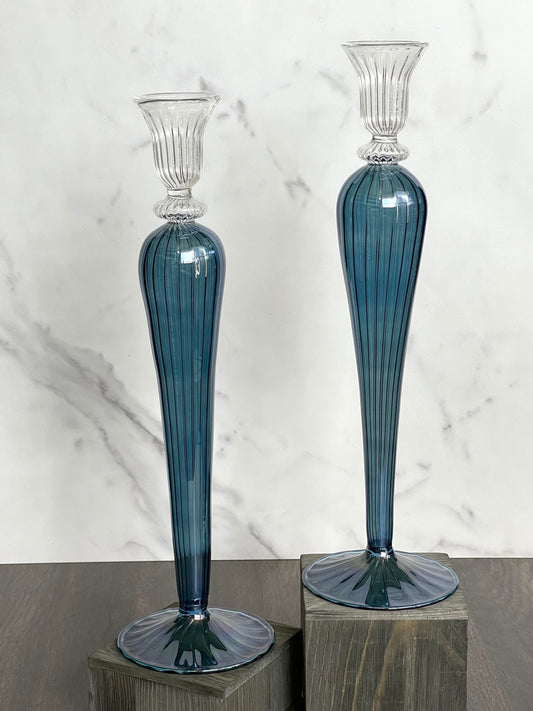 Handblown Elegant Swirl Glass Candle Holder - Set of 2 Clear/Iridescent Blue