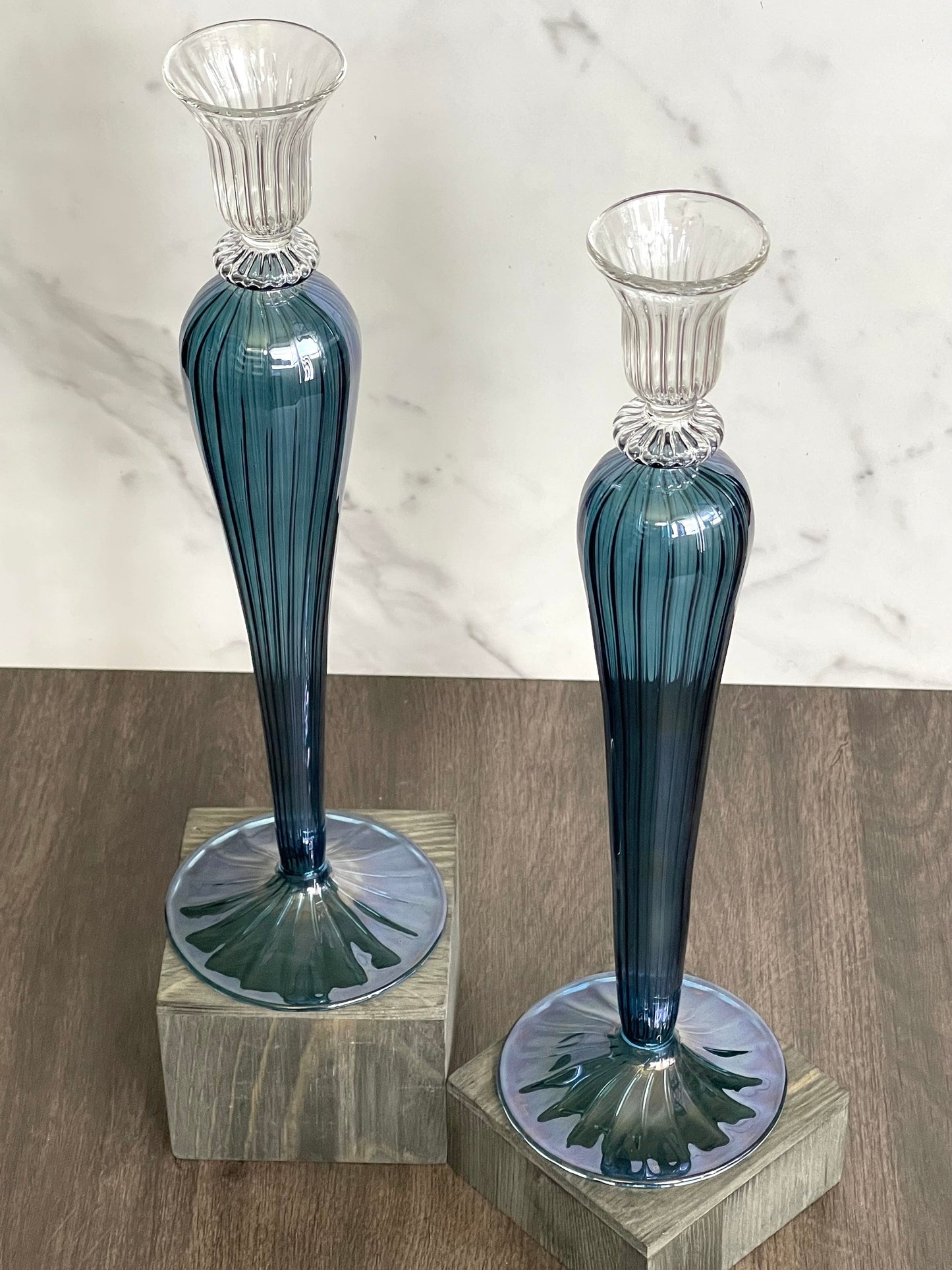 Handblown Elegant Swirl Glass Candle Holder - Set of 2 Clear/Iridescent Blue