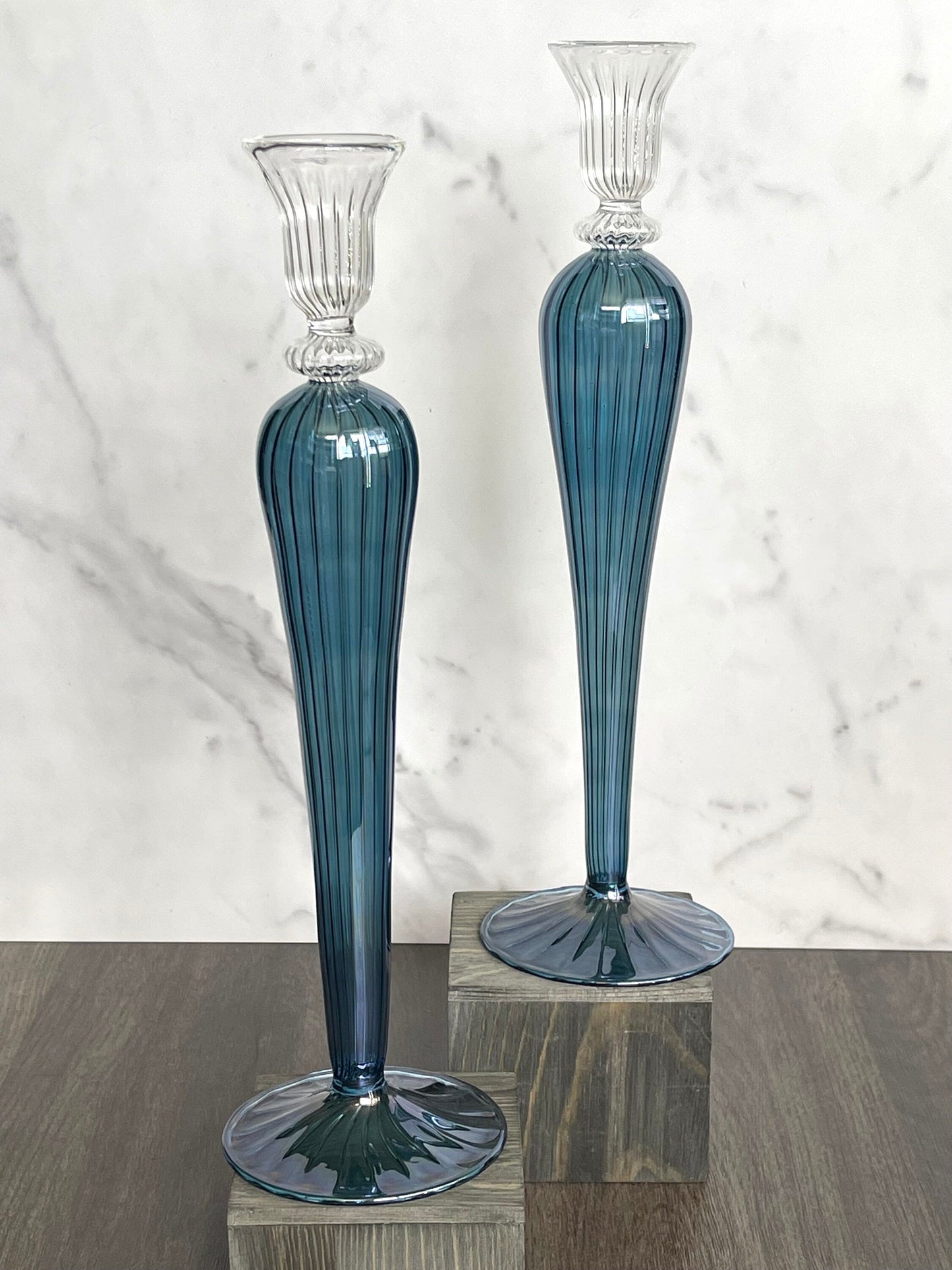 Handblown Elegant Swirl Glass Candle Holder - Set of 2 Clear/Iridescent Blue