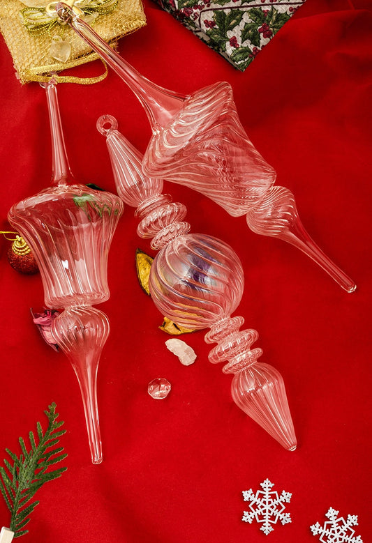 Clear Crystal Swirl Glass Ornaments - Egyptian Hand Blown Glass - Set of 3