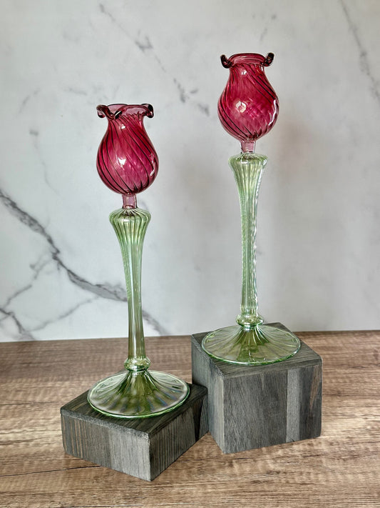 Handblown Ball Shape Tulip Swirl Candle Stick Holders Red/Green Set of 2